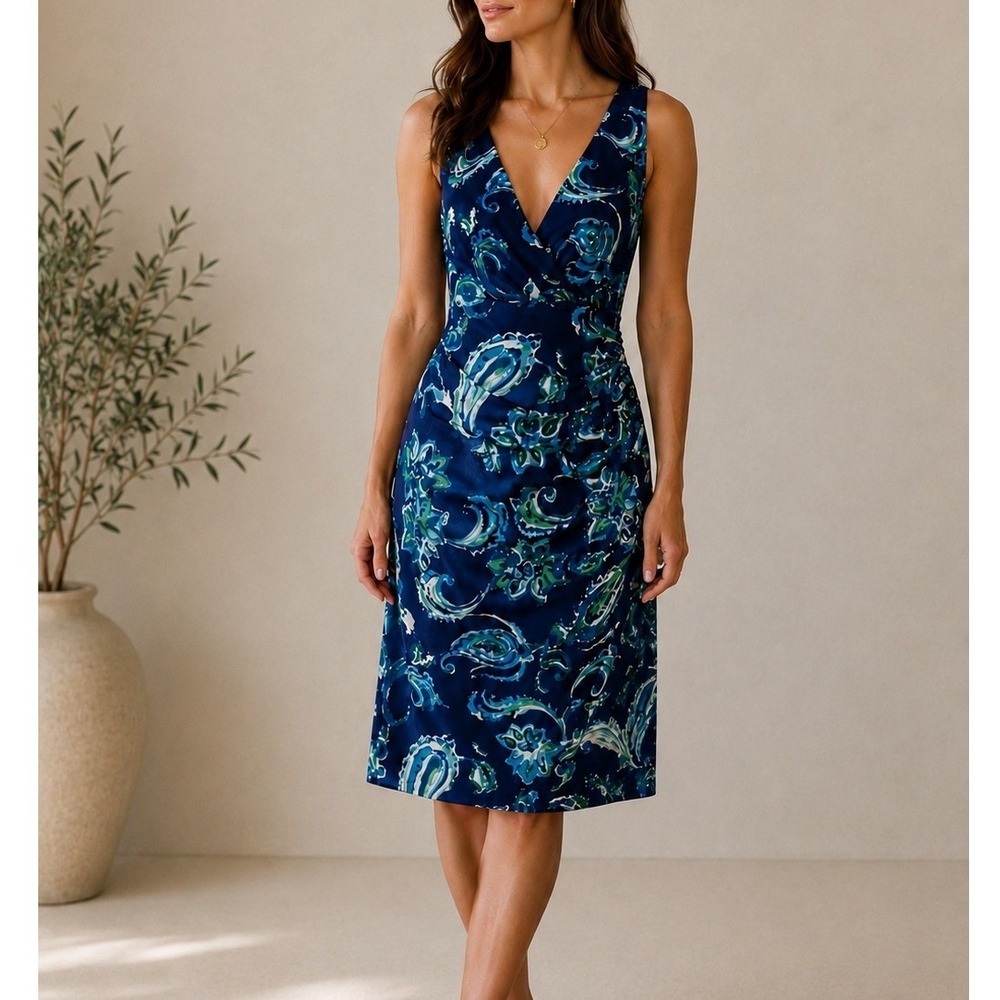 Ralph Lauren LRL 10 Sheath Dress Paisley Blue Green Surplice Ruched Sleeveless
